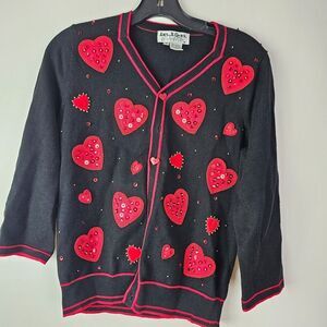 VTG Jack B Quick Black Cardigan Sweater S Red‎ Hearts Button Front Valentines